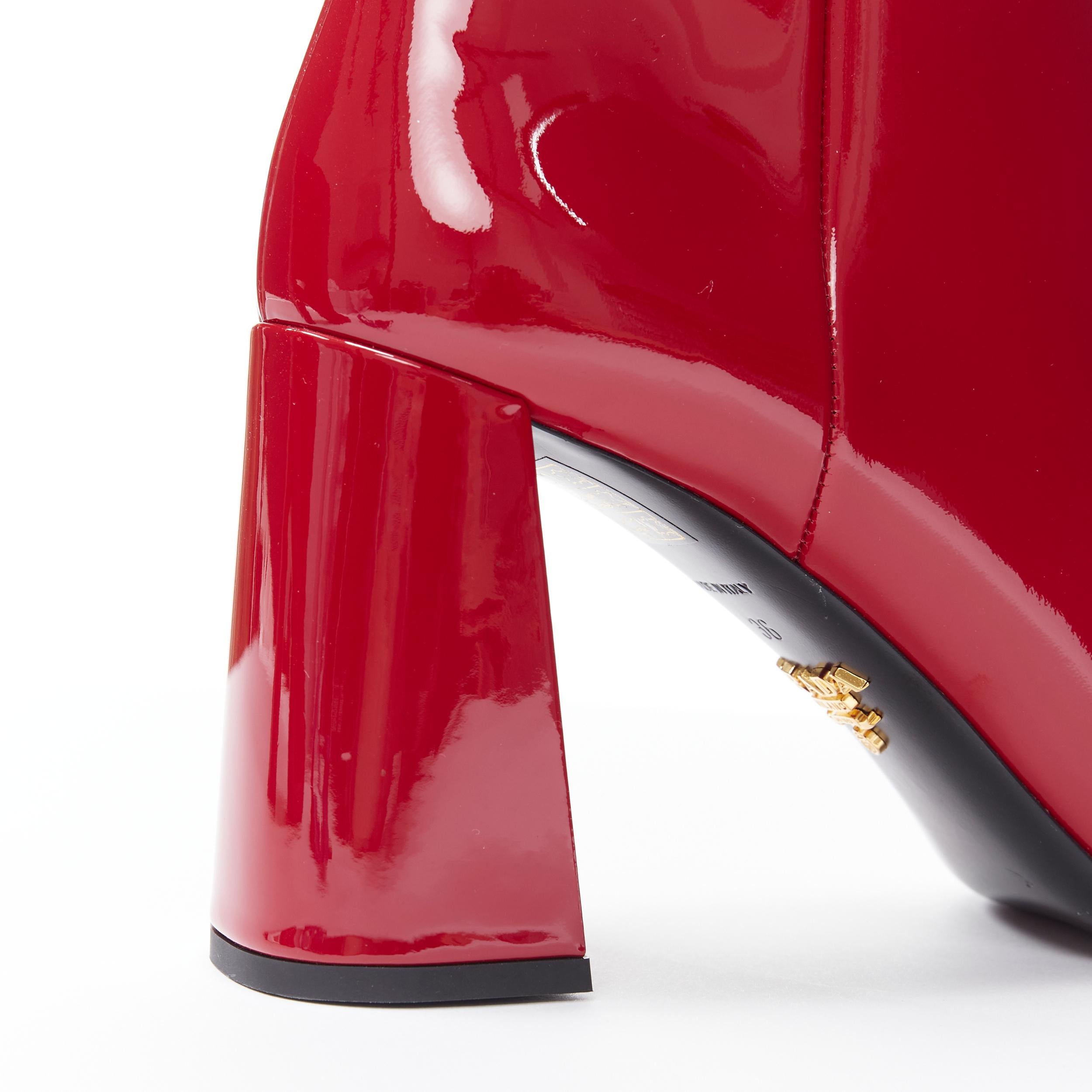 Women's new PRADA lipstick red patent square toe chunky heel ankle boot EU35