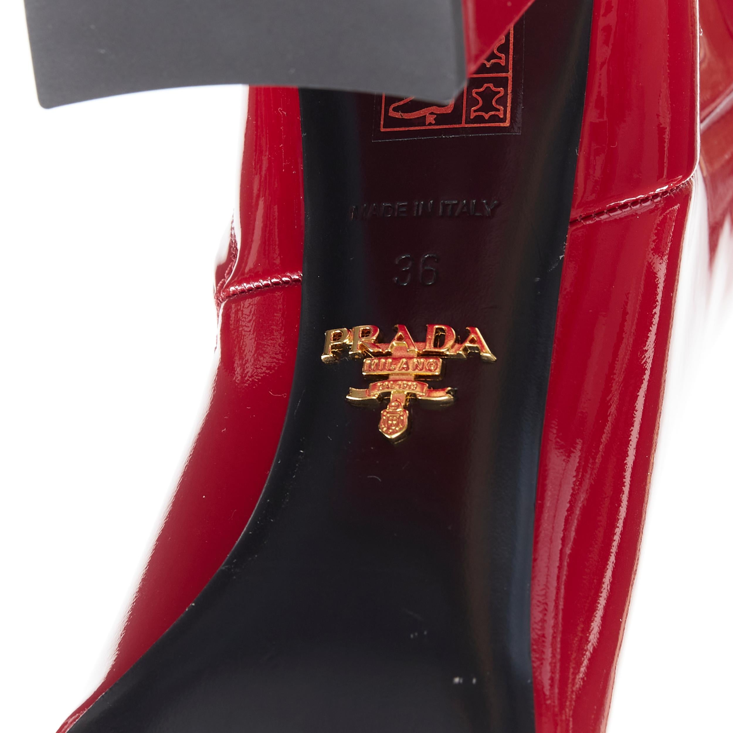 new PRADA lipstick red patent square toe chunky heel ankle boot EU36 2