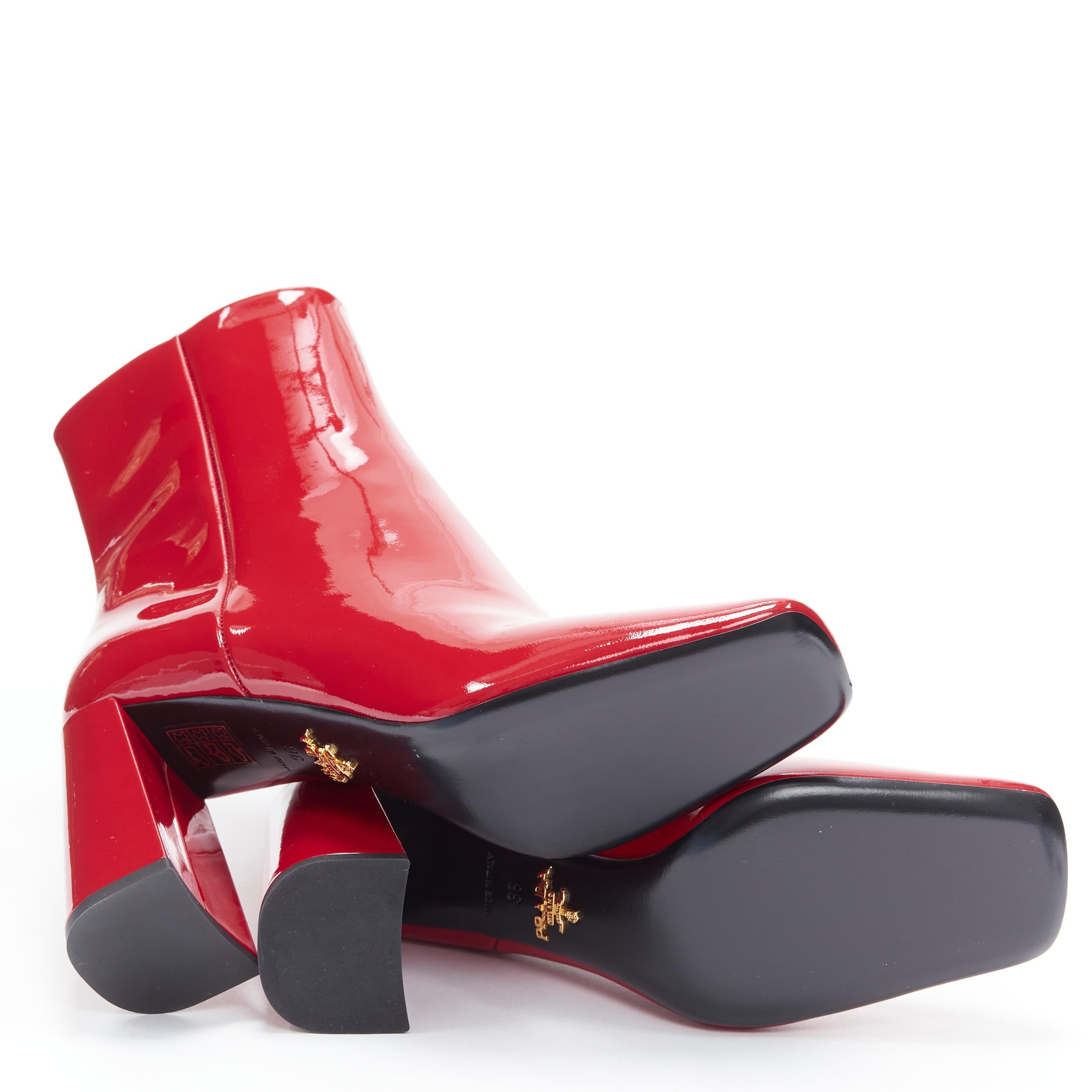 new PRADA lipstick red patent square toe chunky heel ankle boot EU36 4