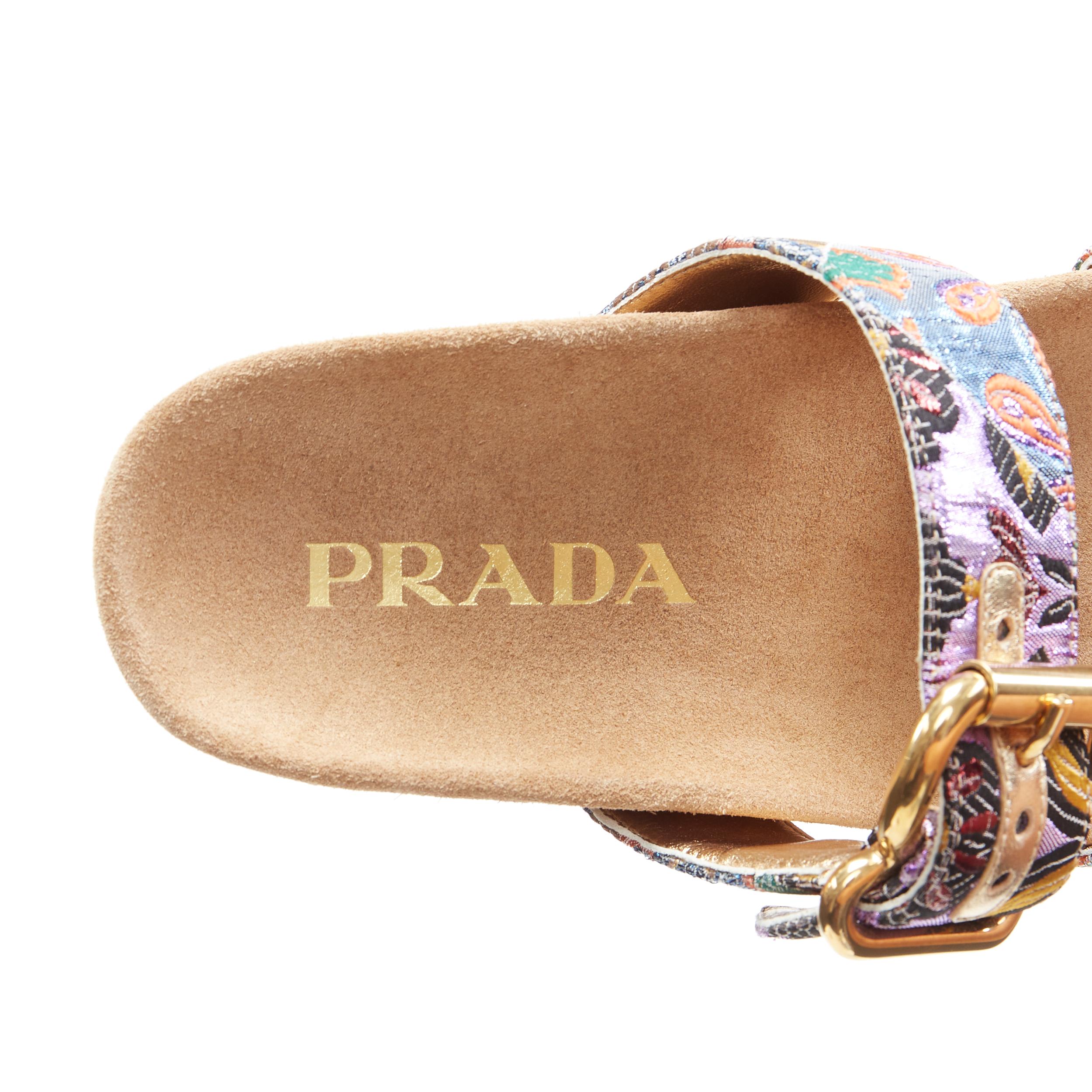 new PRADA metallic floral jacquard gold buckle strap suede slides sandals EU37.5 5