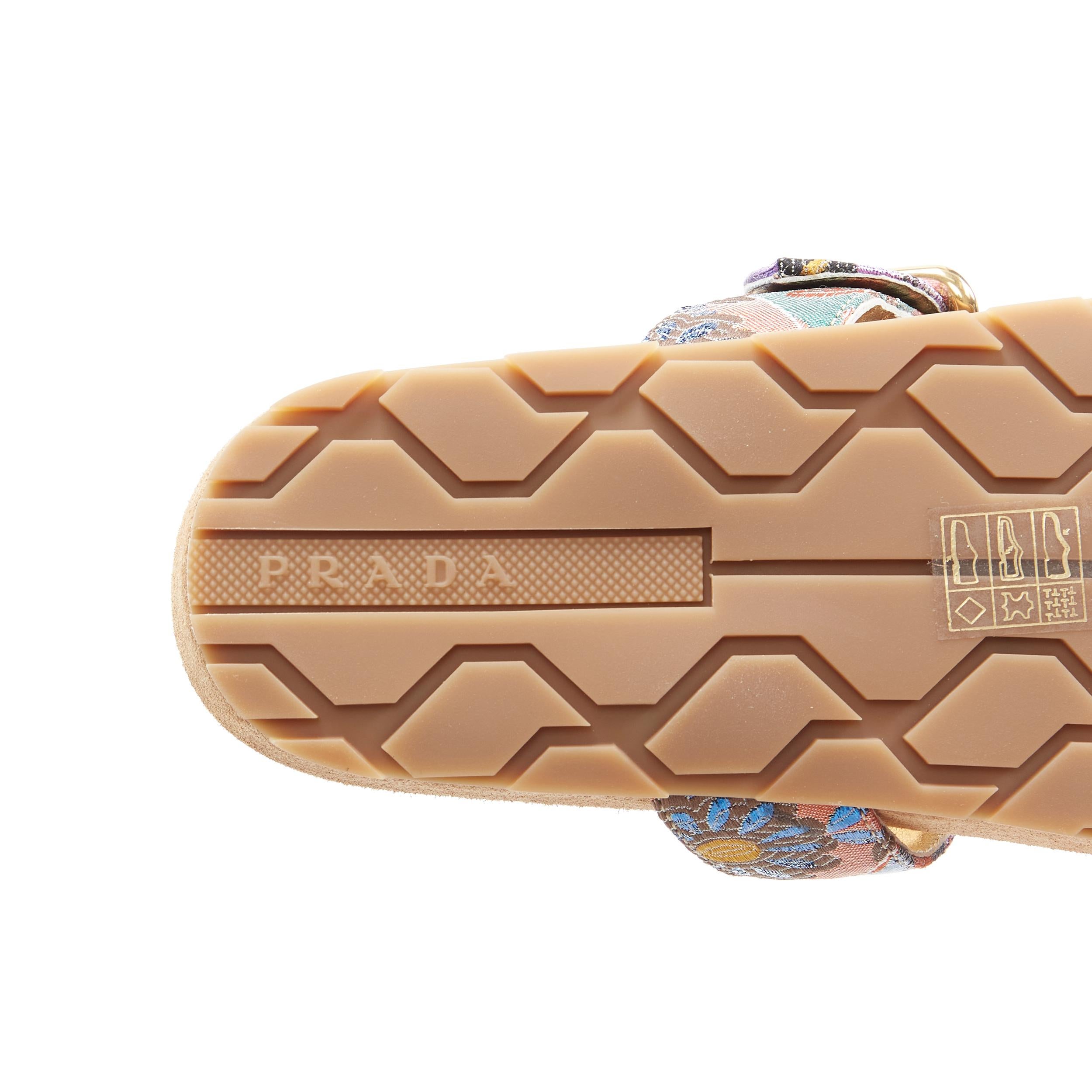 new PRADA metallic floral jacquard gold buckle strap suede slides sandals EU37.5 6