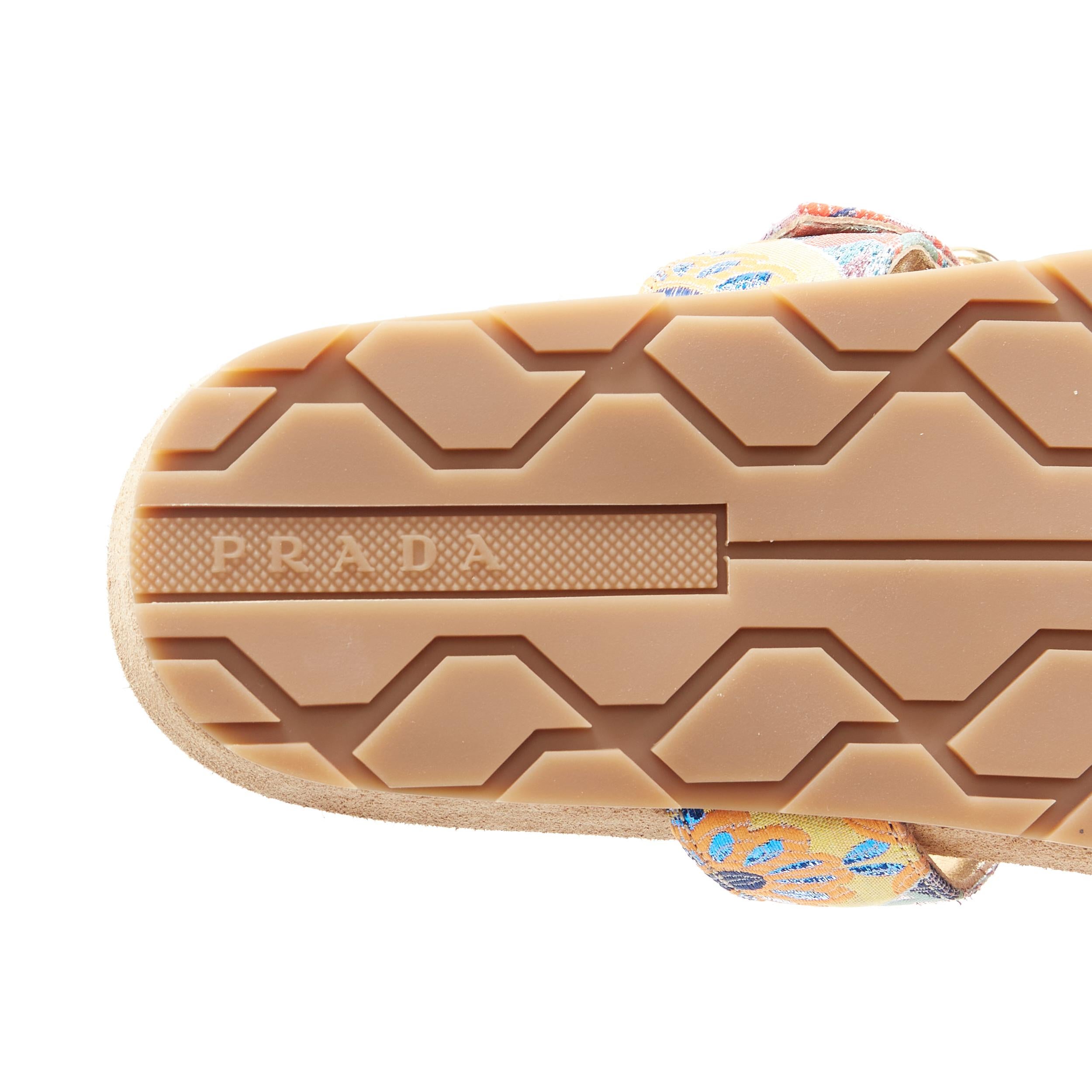 new PRADA metallic floral jacquard gold buckle strap suede slides sandals EU37.5 4