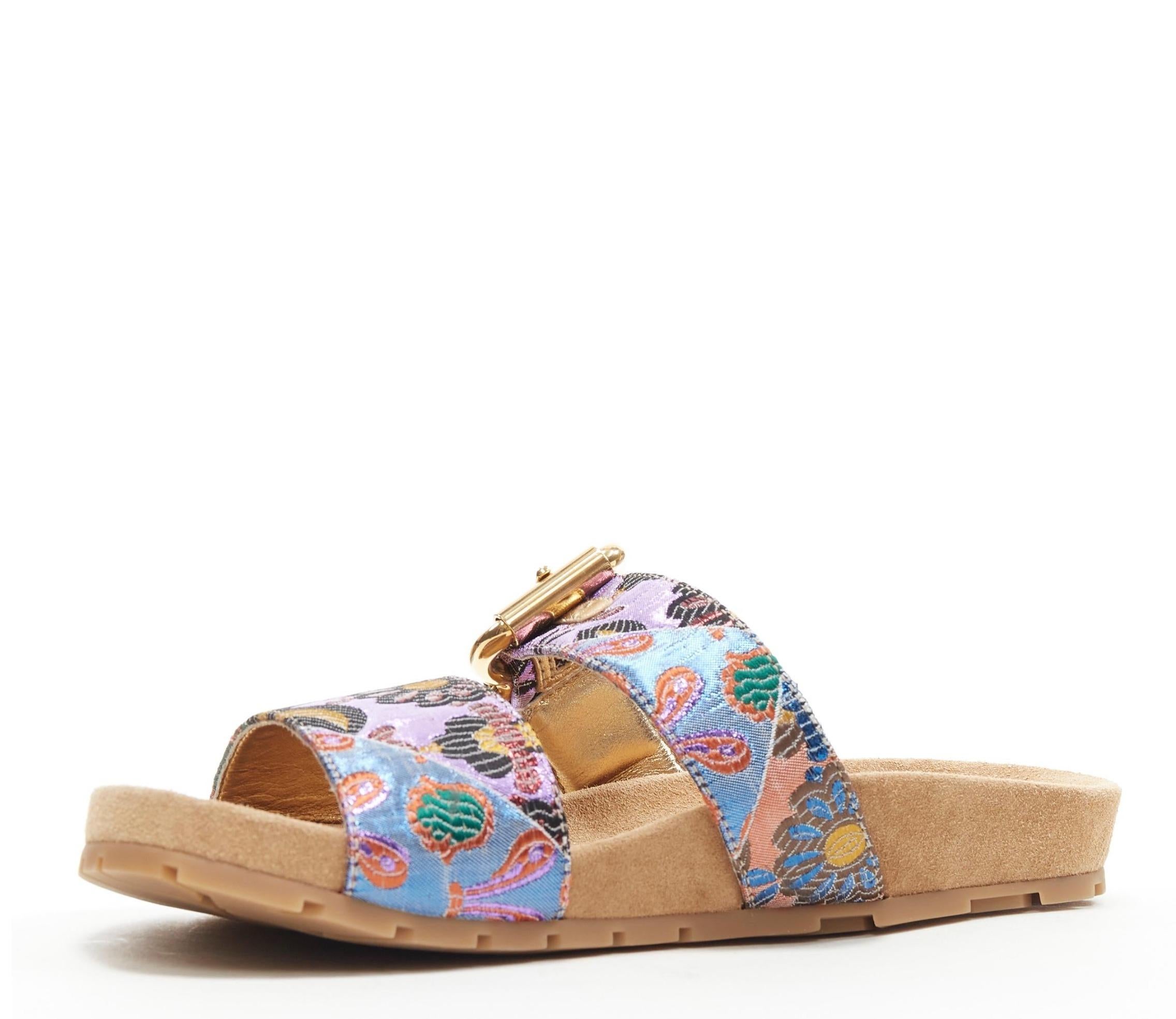 new PRADA metallic floral jacquard gold buckle strap suede slides sandals EU37.5 In New Condition In Hong Kong, NT