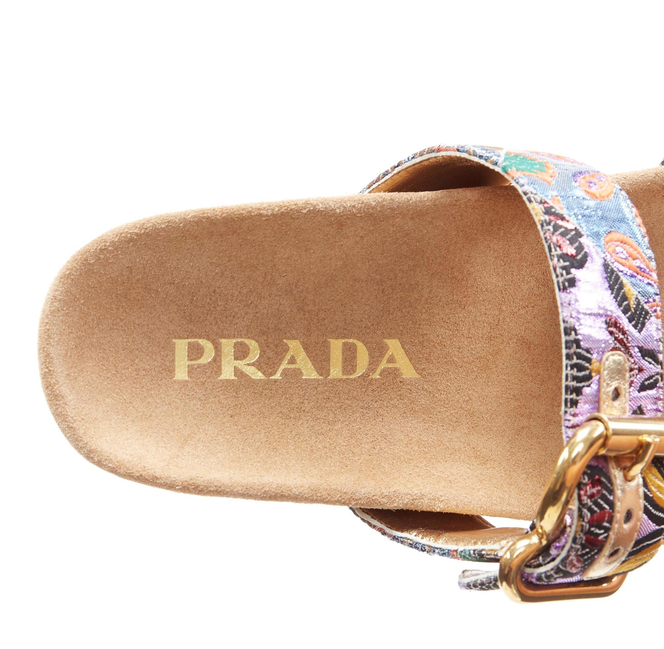 new PRADA metallic floral jacquard gold buckle strap suede slides sandals EU37.5 4