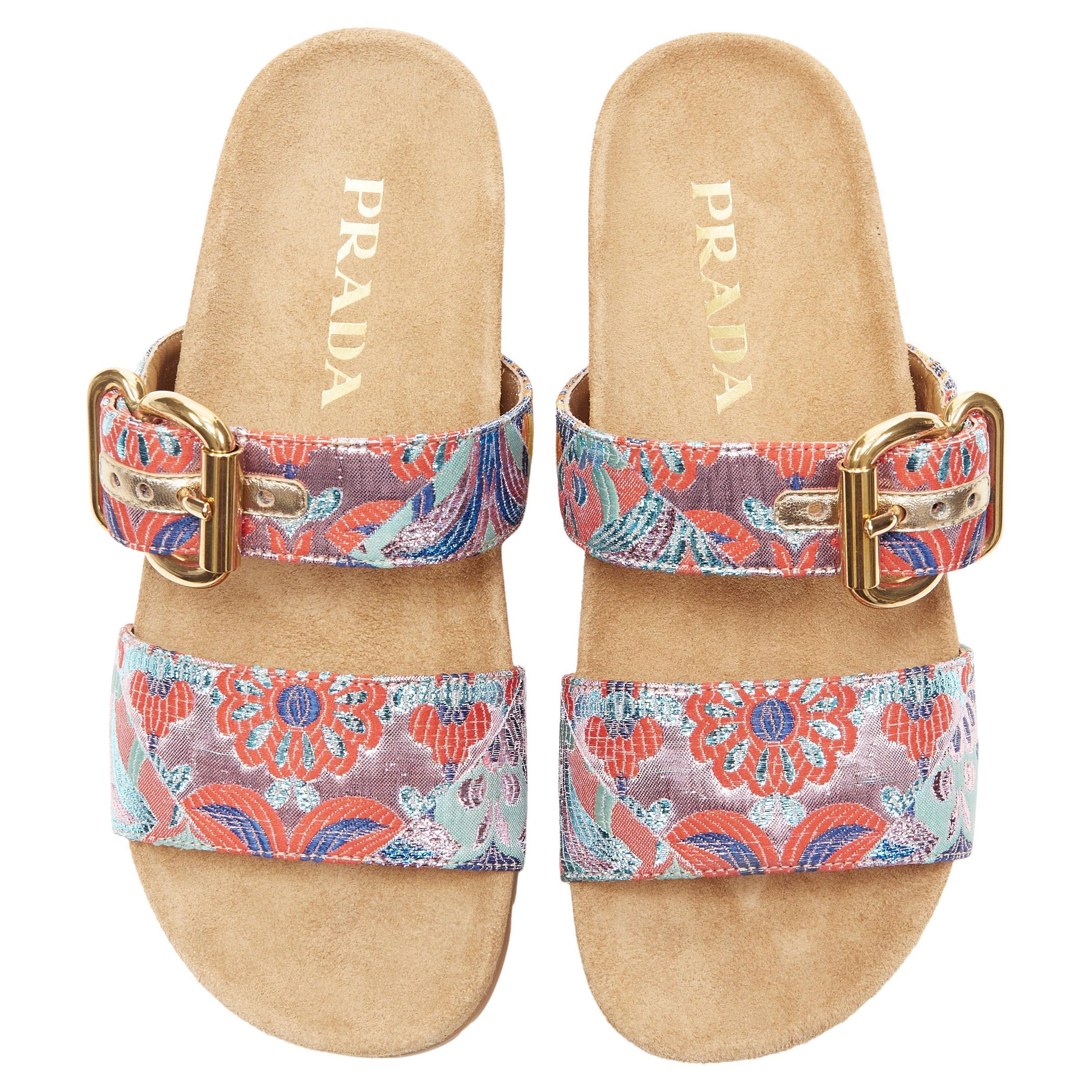 new PRADA metallic floral jacquard gold buckle strap suede slides sandals EU37.5