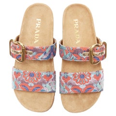 PRADA sandales neuves en daim avec bride à boucle dorée et jacquard floral métallique EU37,5