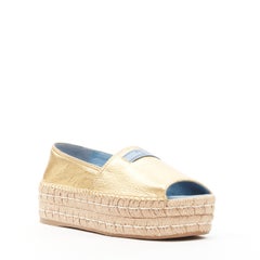 new PRADA metallic gold leather logo peep toe jute platform espadrille shoe EU37