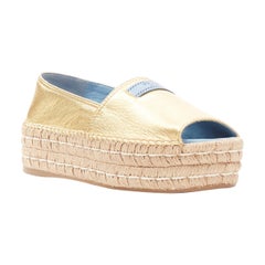 new PRADA metallic gold leather logo peep toe jute platform espadrille shoe EU37