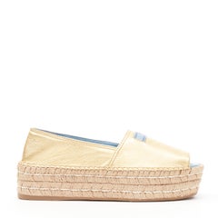 new PRADA metallic gold leather logo peep toe jute platform espadrille shoe EU38