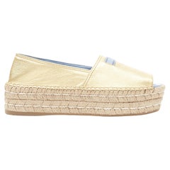 new PRADA metallic gold leather logo peep toe jute platform espadrille shoe EU38