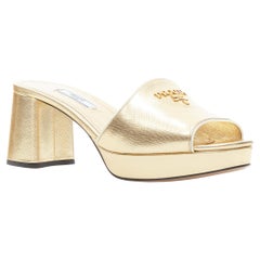 new PRADA metallic gold saffiano leather logo open toe mule clog sandal EU37.5