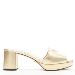 new PRADA metallic gold saffiano leather logo open toe mule clog sandal EU38
