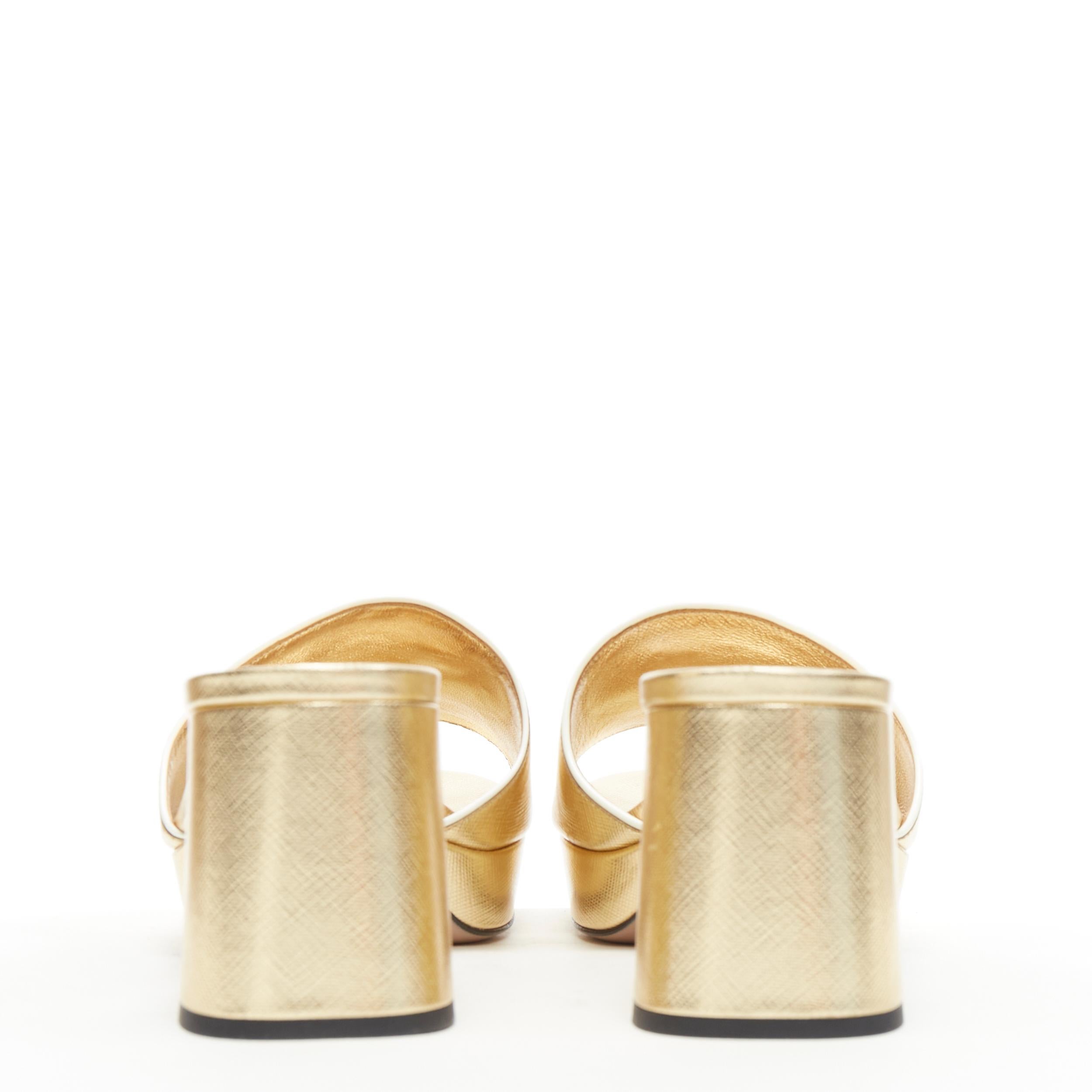 White new PRADA metallic gold saffiano leather logo open toe mule clog sandal EU38