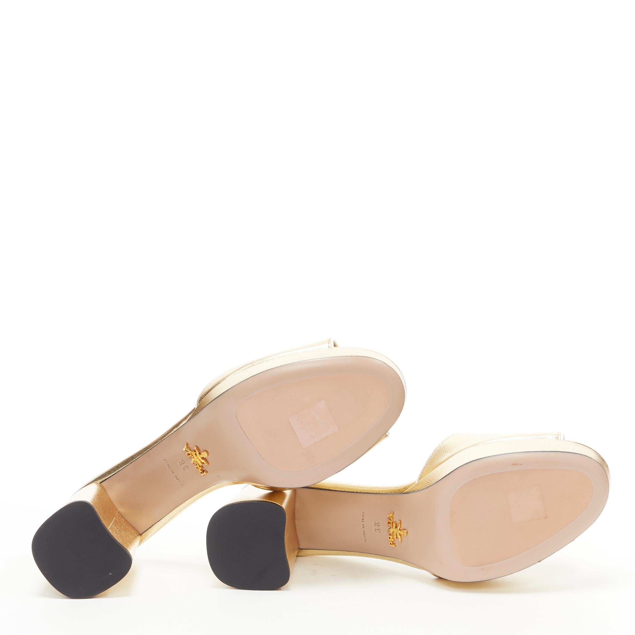 new PRADA metallic gold saffiano leather logo open toe mule clog sandal EU38 In New Condition In Hong Kong, NT