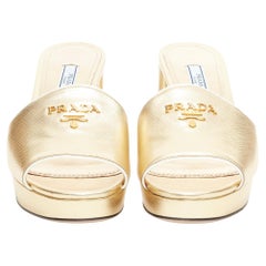 new PRADA metallic gold saffiano leather logo open toe mule clog sandal EU38