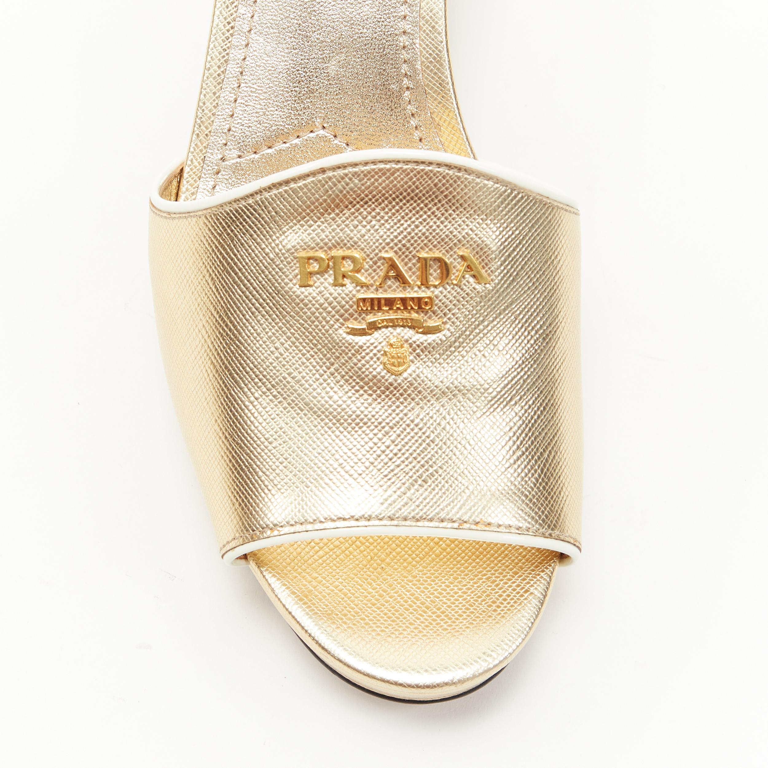 White new PRADA metallic gold saffiano leather logo open toe mule clog sandal EU38.5