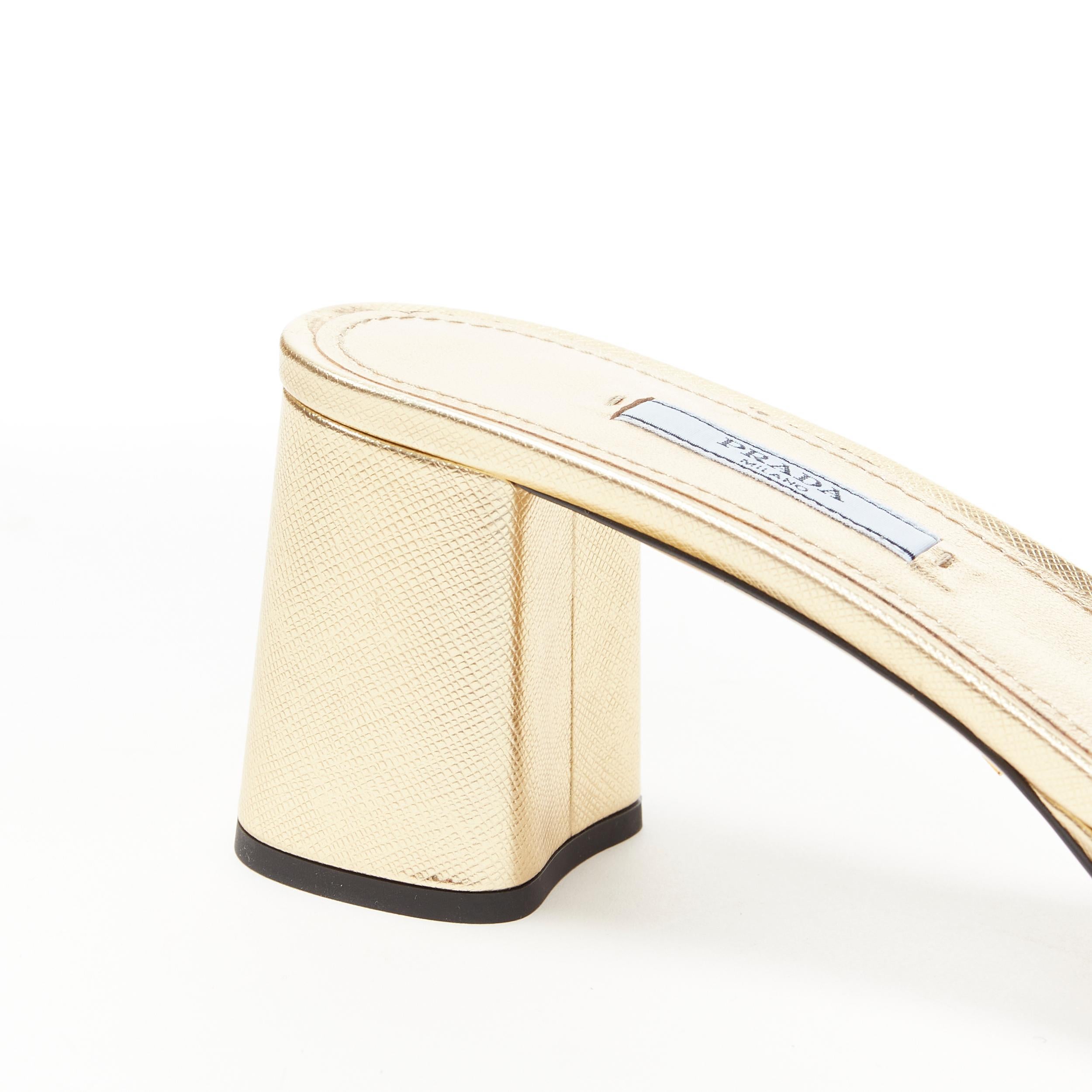 Women's new PRADA metallic gold saffiano leather logo open toe mule clog sandal EU38.5