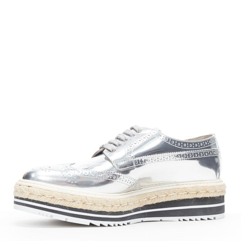 AUTH PRADA metallic silver espadrille jute platform oxford brogue shoes 36