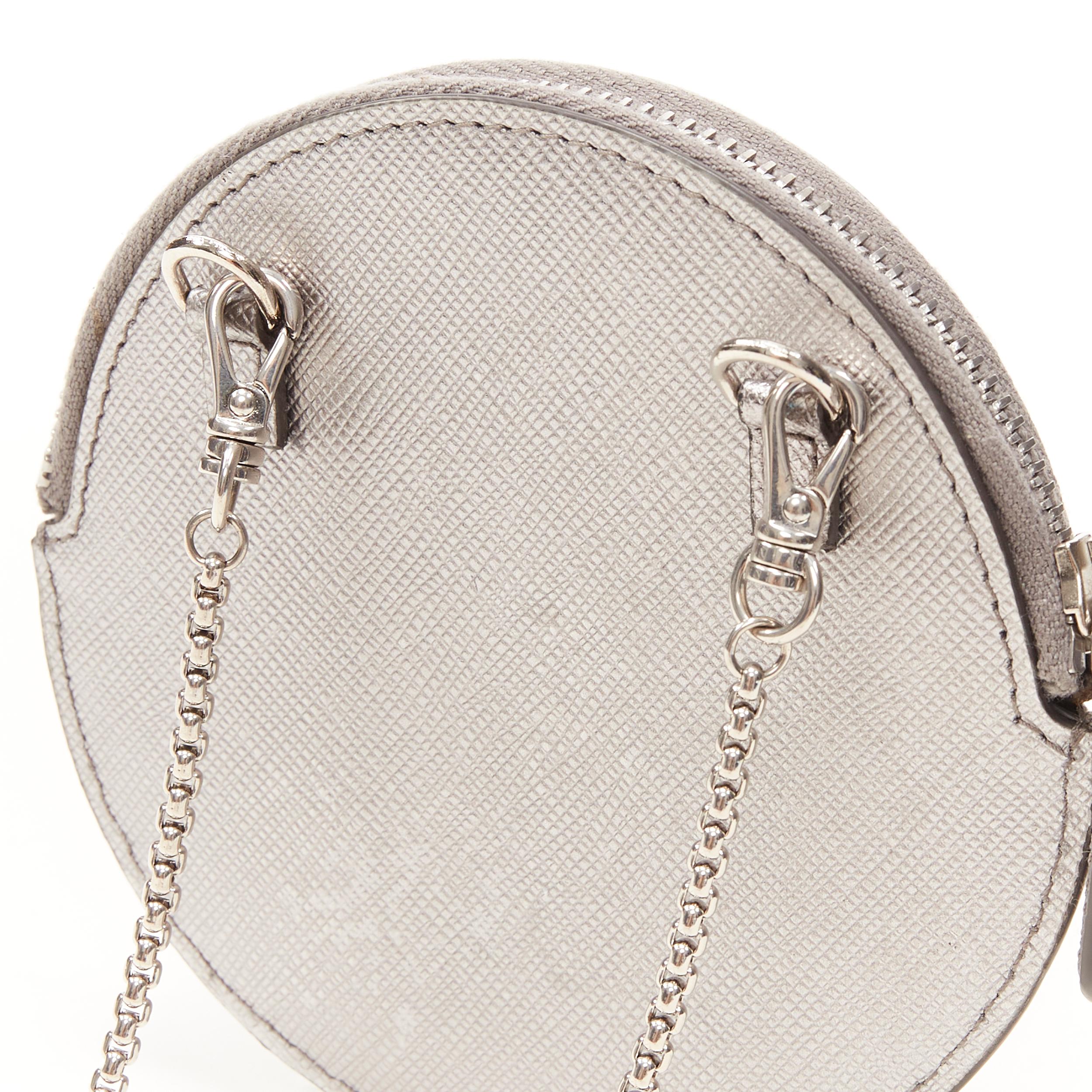 Silver new PRADA metallic silver saffiano leather triangle crossbody circle zip pouch