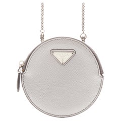 new PRADA metallic silver saffiano leather triangle crossbody circle zip pouch