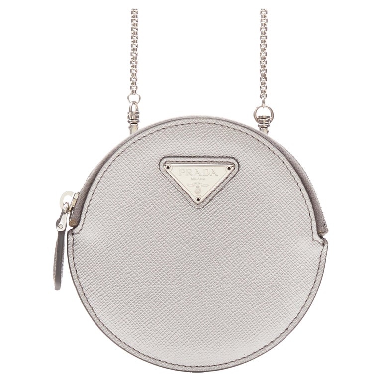 new PRADA metallic silver saffiano leather triangle crossbody circle ...