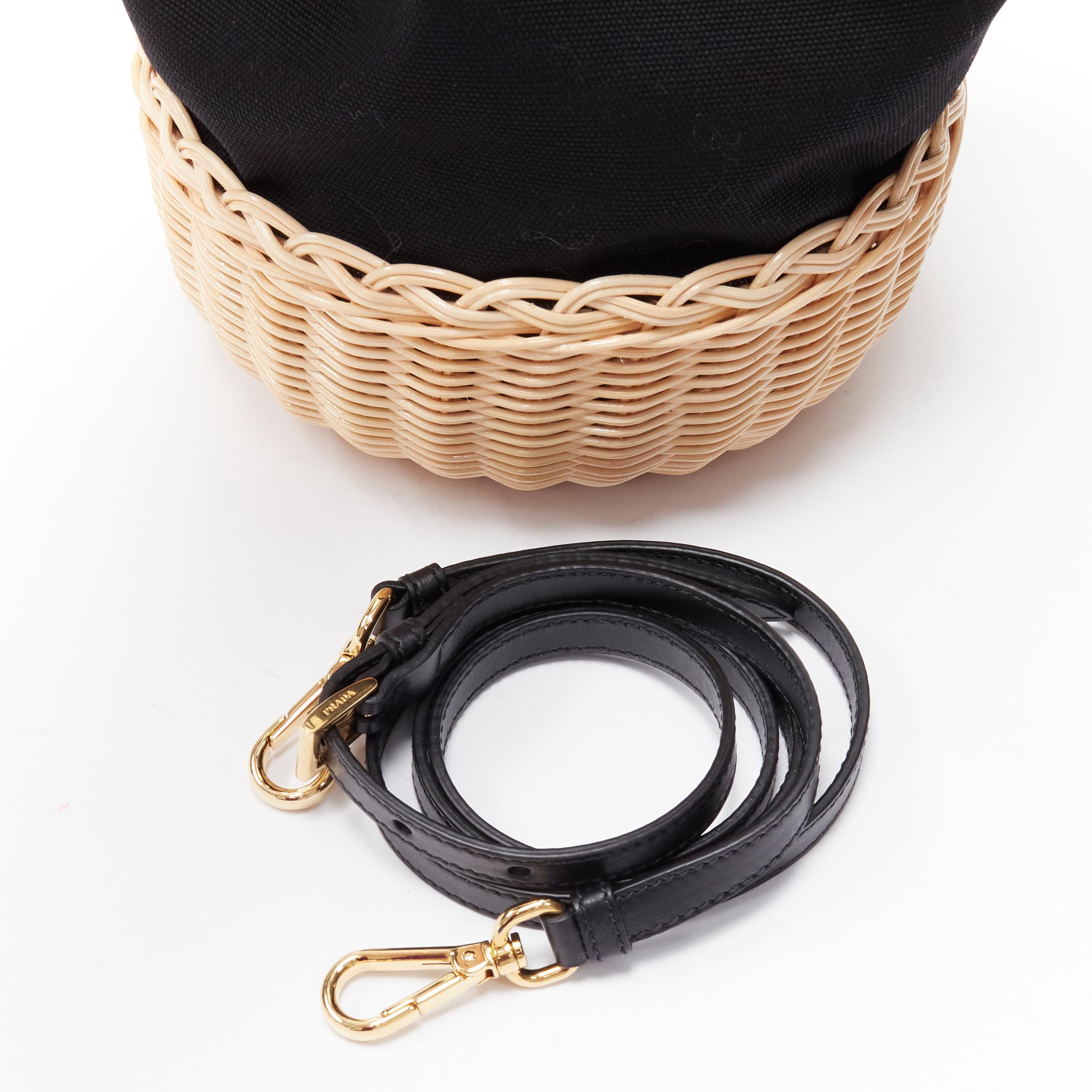 Women's new PRADA Midollino Canapa black canvas wicker raffia bucket crossbody bag