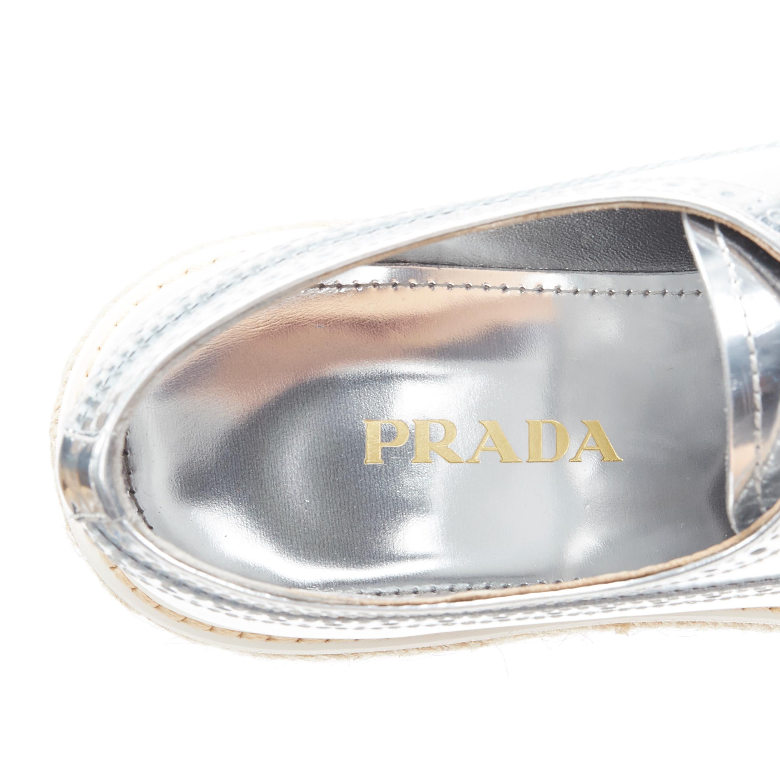 new PRADA mirrored silver leather espadrille jute platform brogue EU40.5 US10.5 4