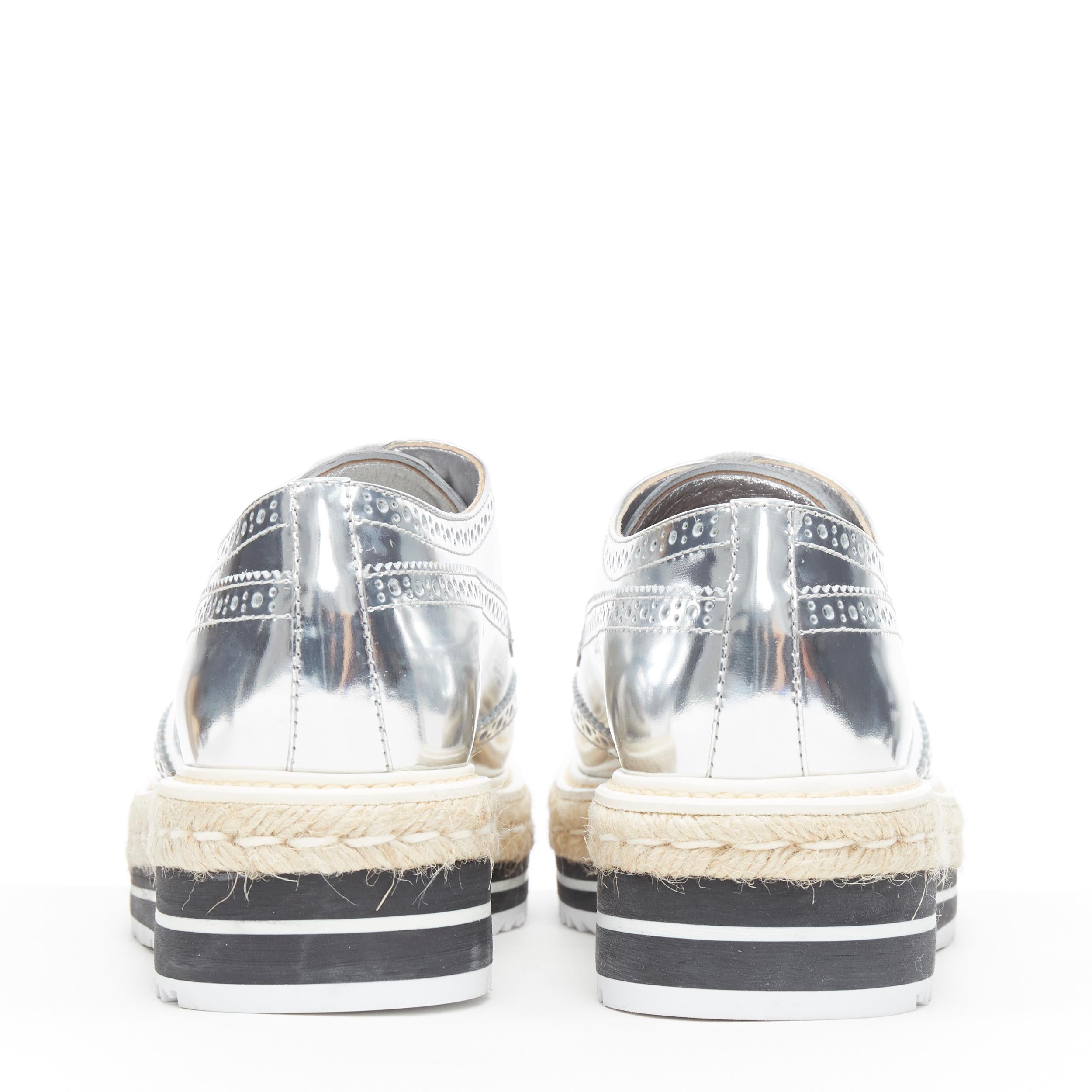 new PRADA mirrored silver leather espadrille jute platform brogue EU40.5 US10.5 In New Condition In Hong Kong, NT