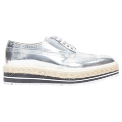 new Prada espadrille in pelle specchiata argento con piattaforma in iuta brogue EU40.5 US10.5