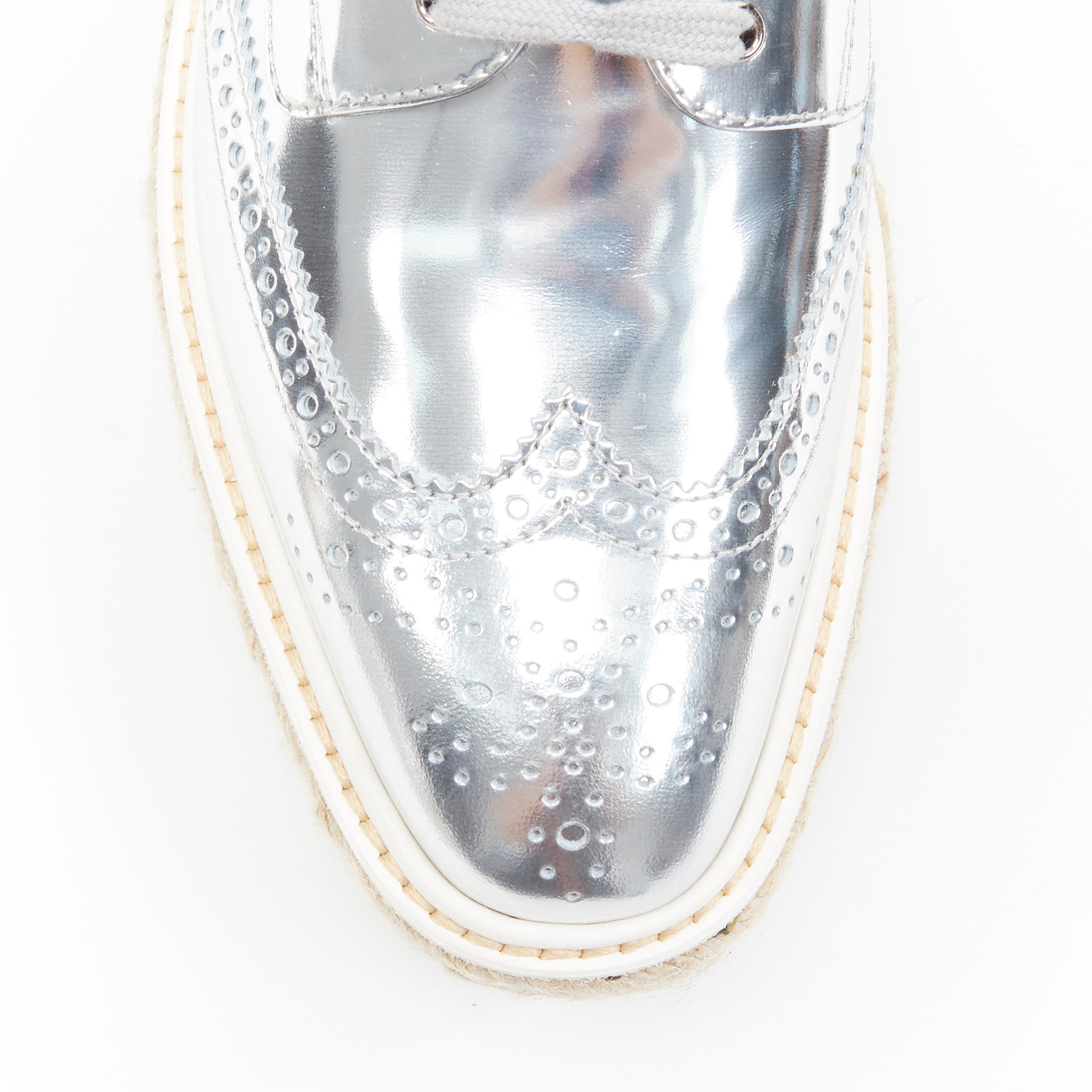 Women's new PRADA mirrored silver leather espadrille jute platform sole brogue EU40 US10