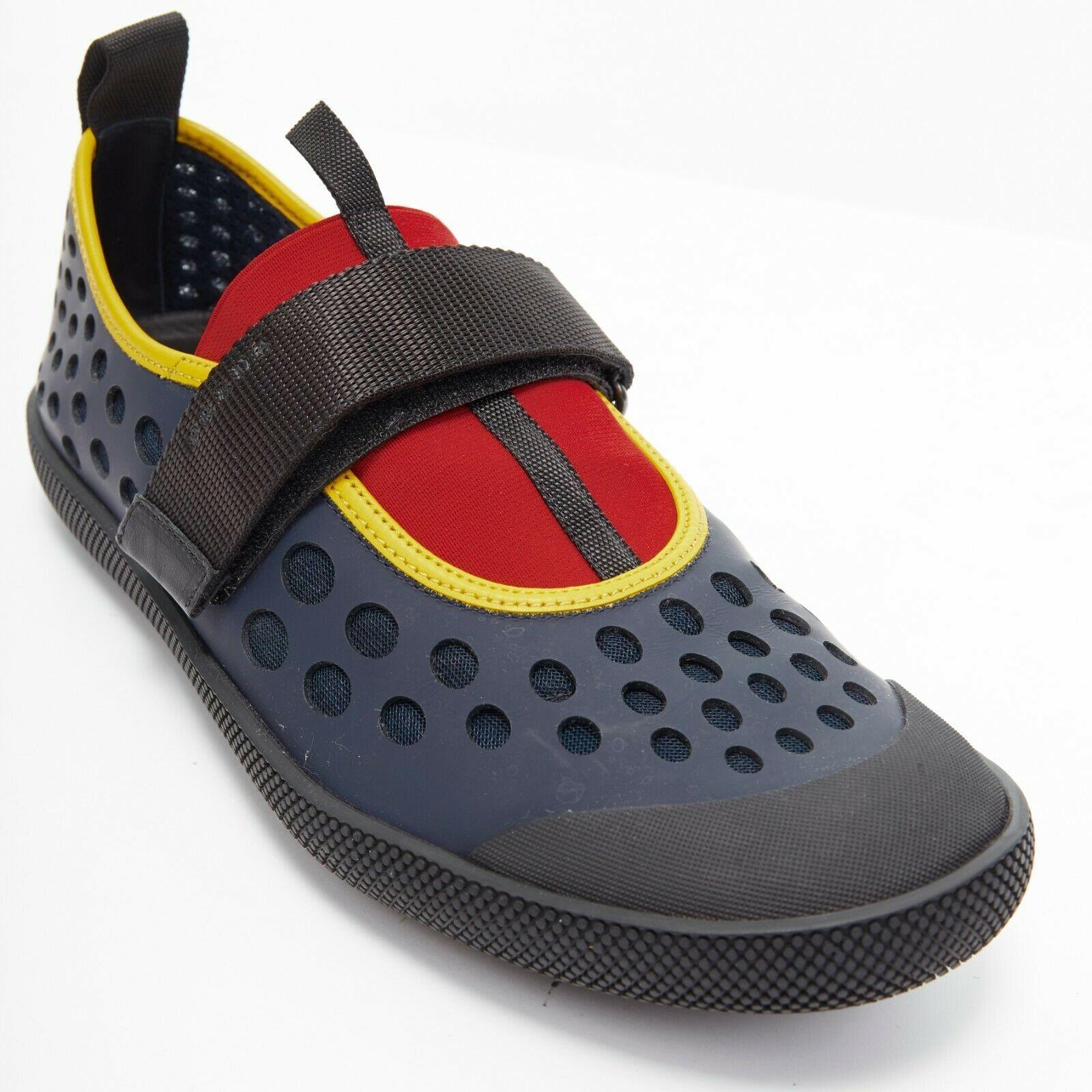 Men's new PRADA navy holey cut out rubber magic tape strap low casual sneaker UK7.5