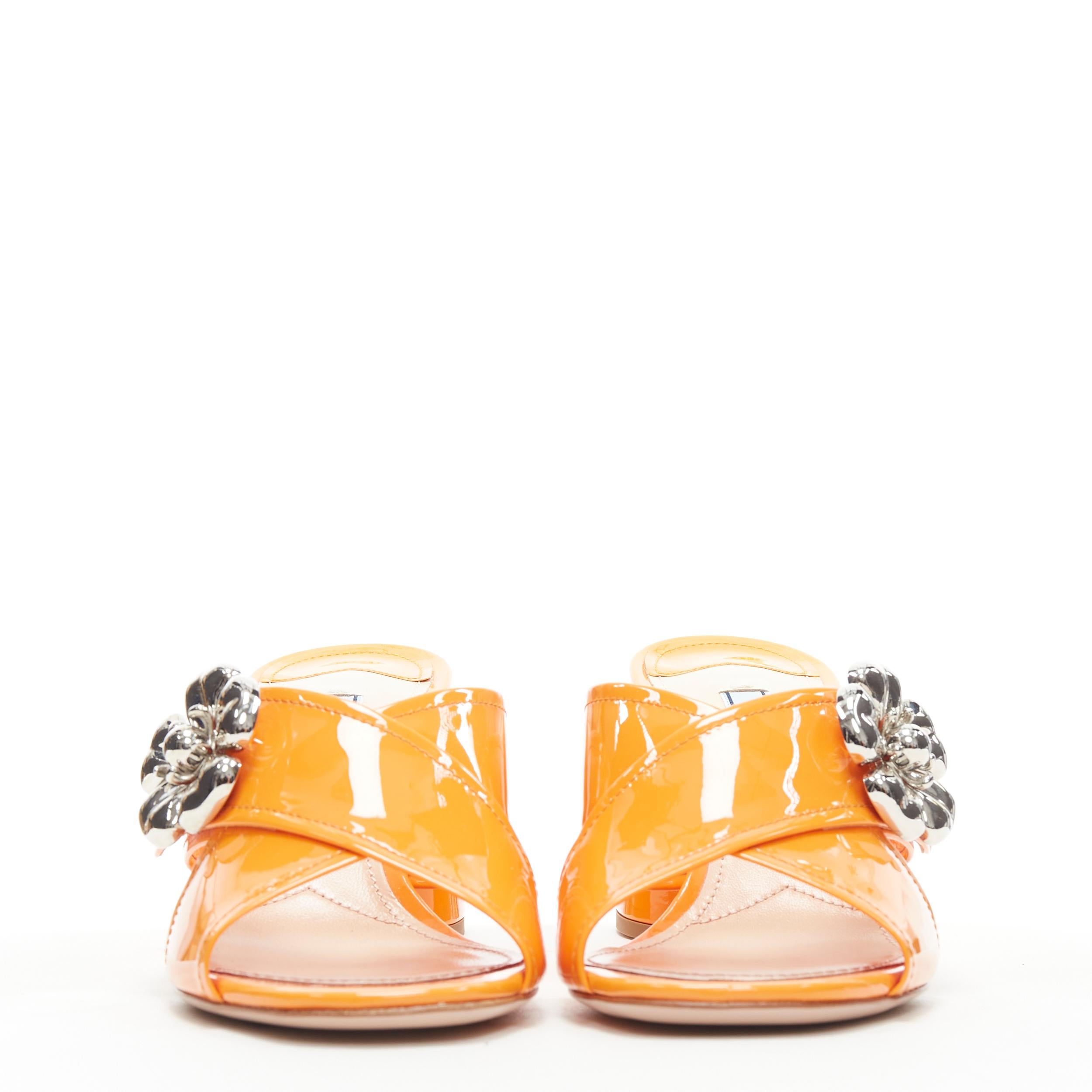 Orange new PRADA neon orange patent cross strap silver flower brooch mule mid heel EU37