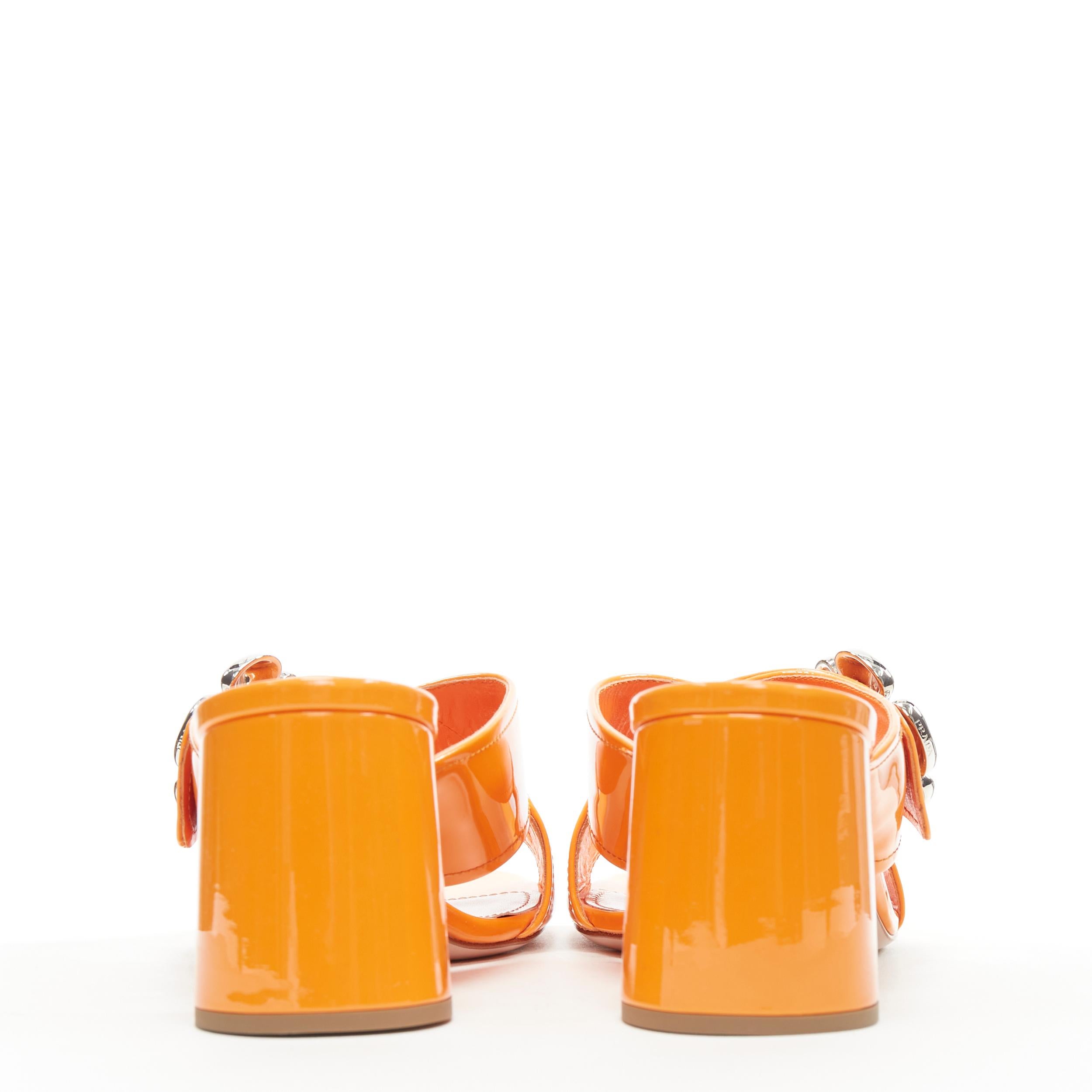 Women's new PRADA neon orange patent cross strap silver flower brooch mule mid heel EU37