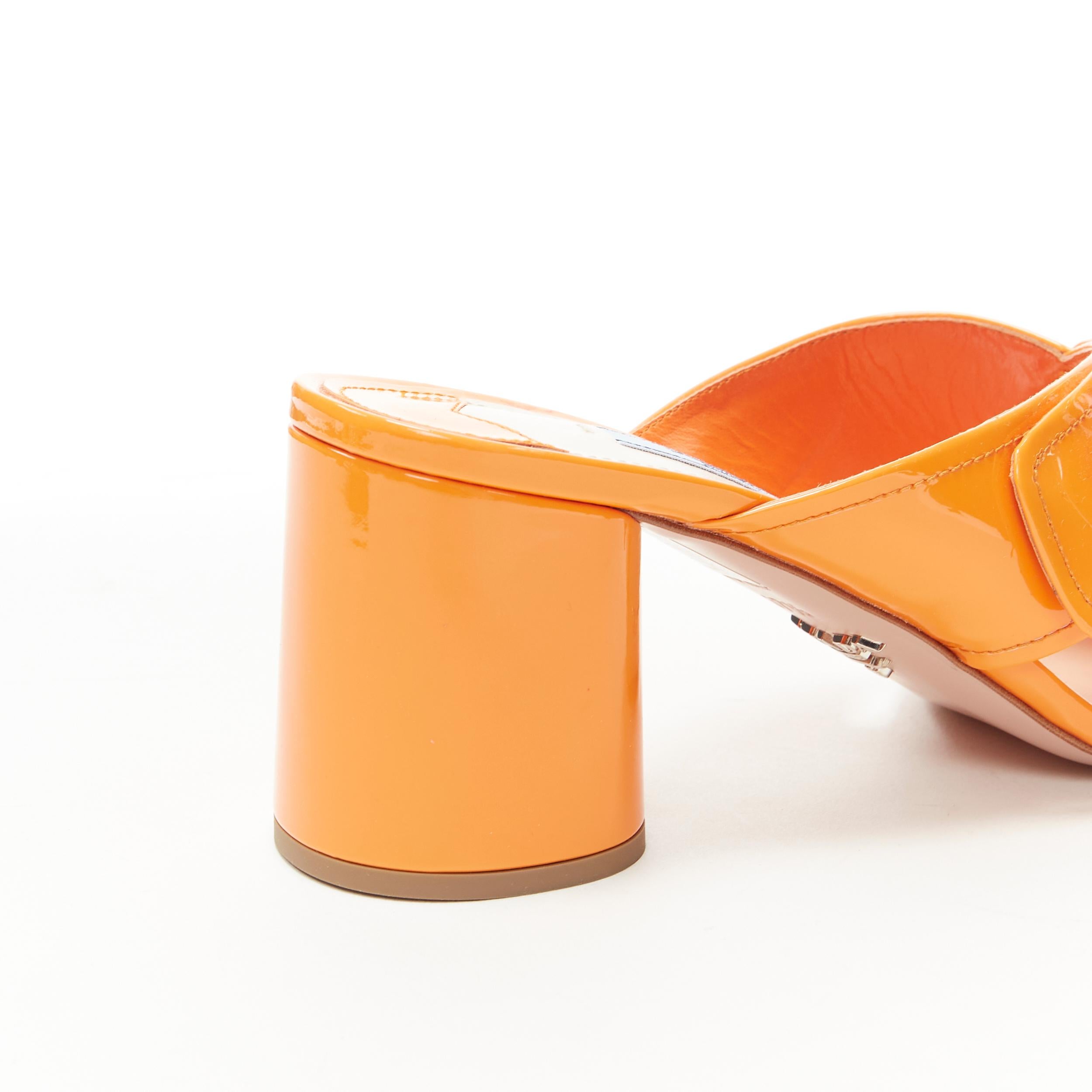new PRADA neon orange patent cross strap silver flower brooch mule mid heel EU37 3