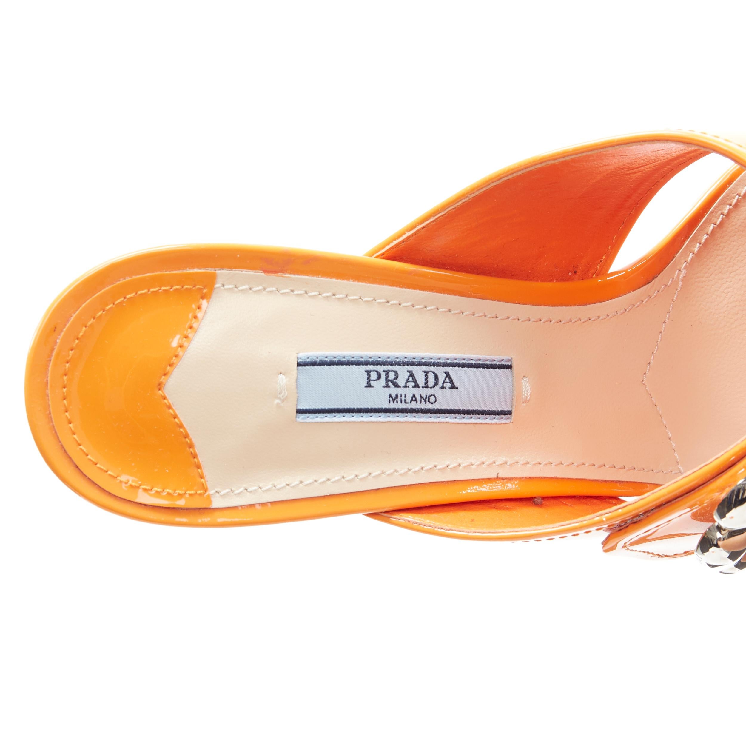 new PRADA neon orange patent cross strap silver flower brooch mule mid heel EU37 4