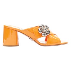 new PRADA neon orange patent cross strap silver flower brooch mule mid heel EU37