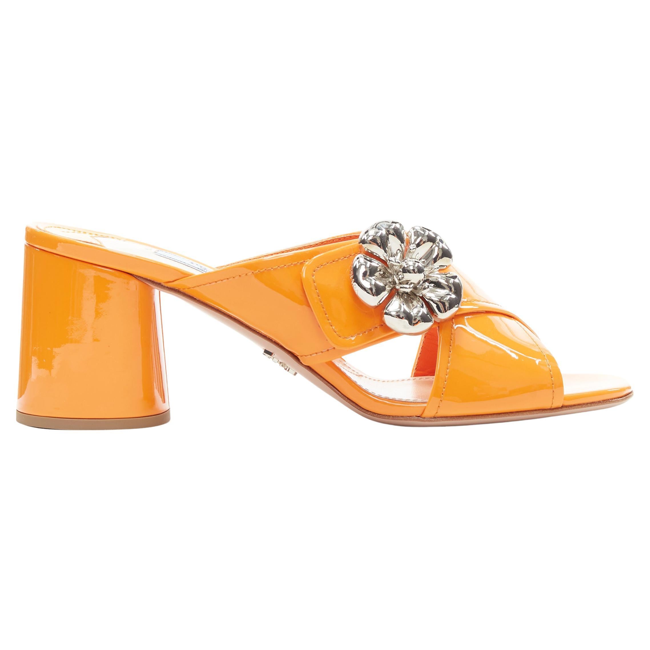 new PRADA neon orange patent cross strap silver flower brooch mule mid heel EU37