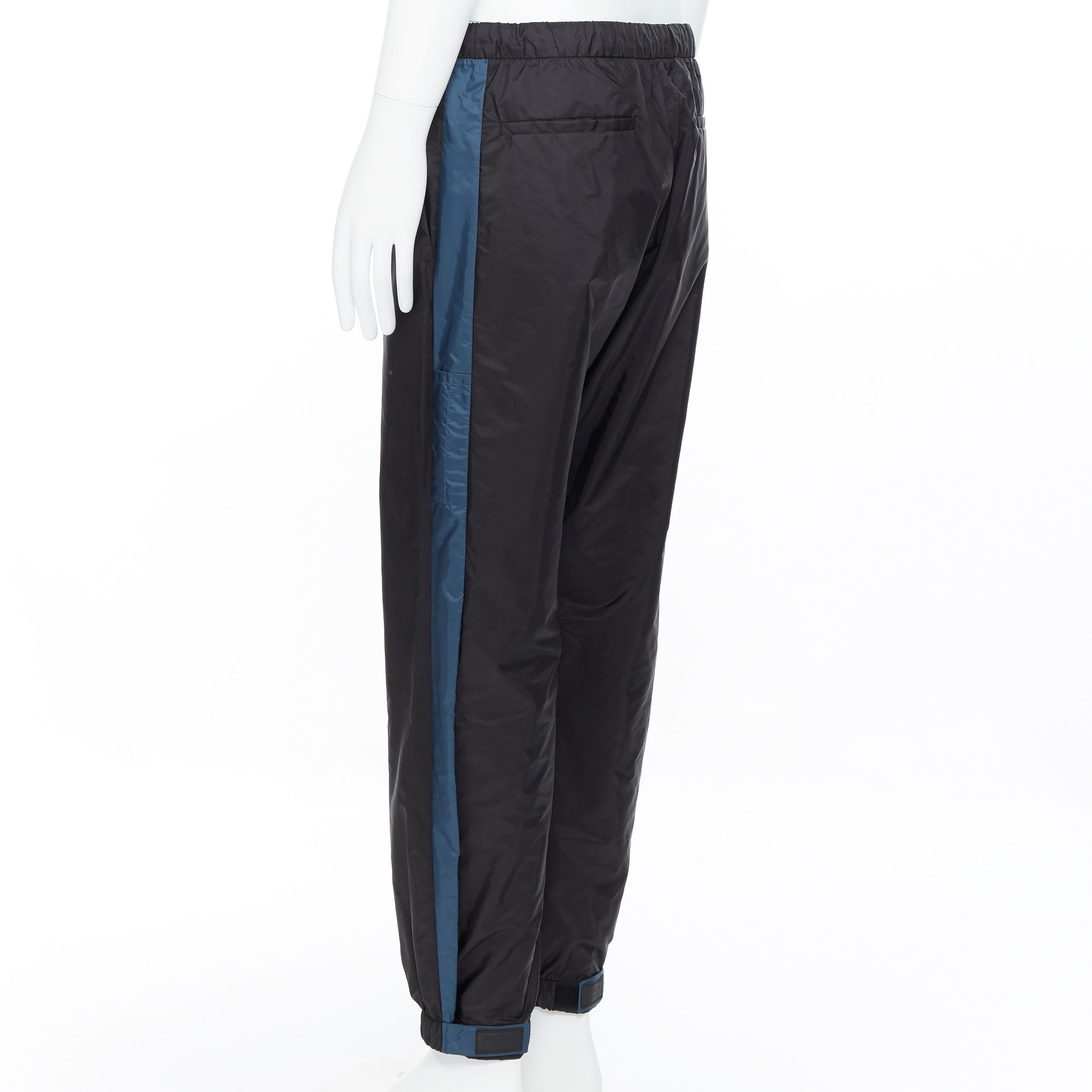 Black new PRADA Nylon 2018 black blue side stripe toggle gabardine track pants L For Sale