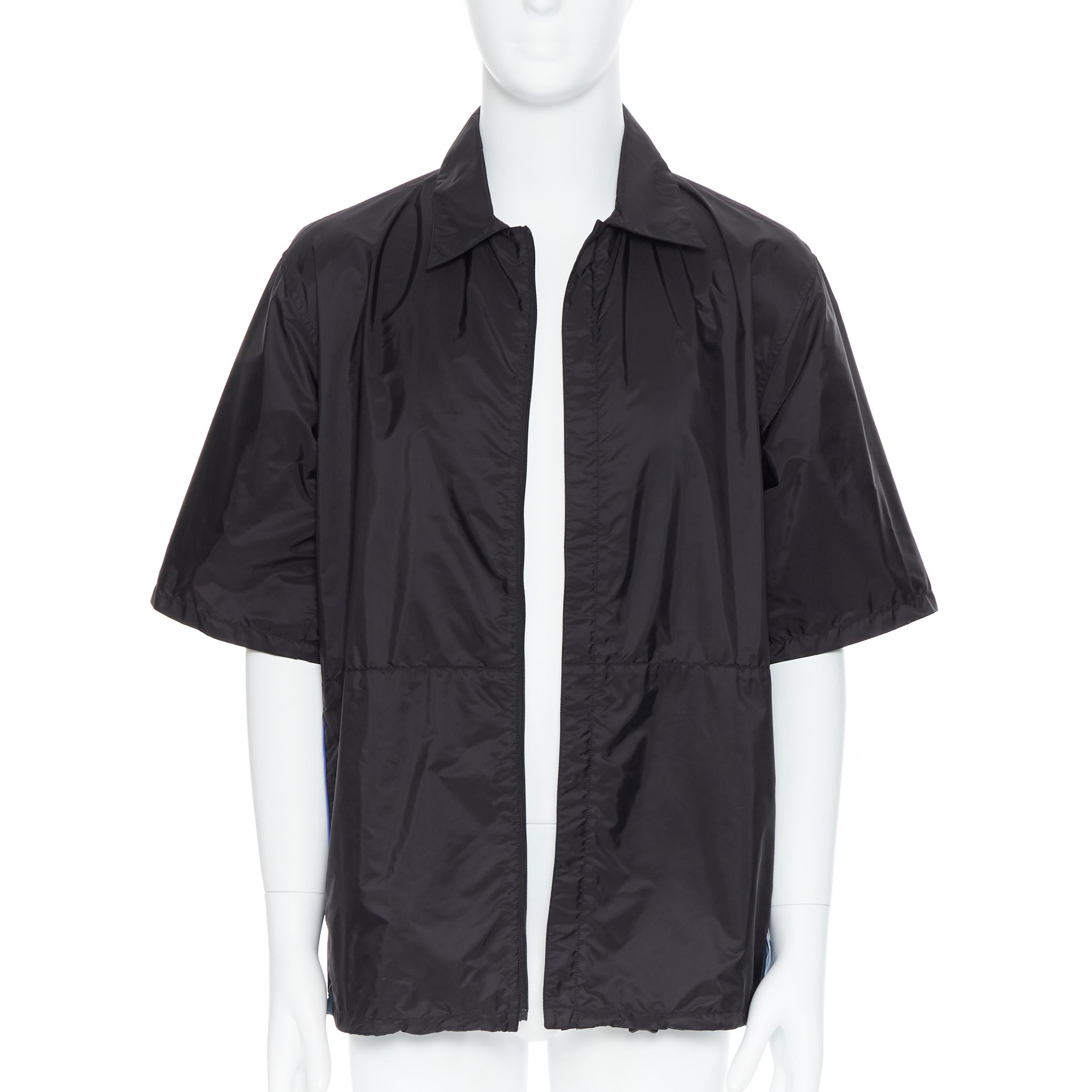 new PRADA Nylon 2018 black blue stripe piping short sleeve boxy shirt top L