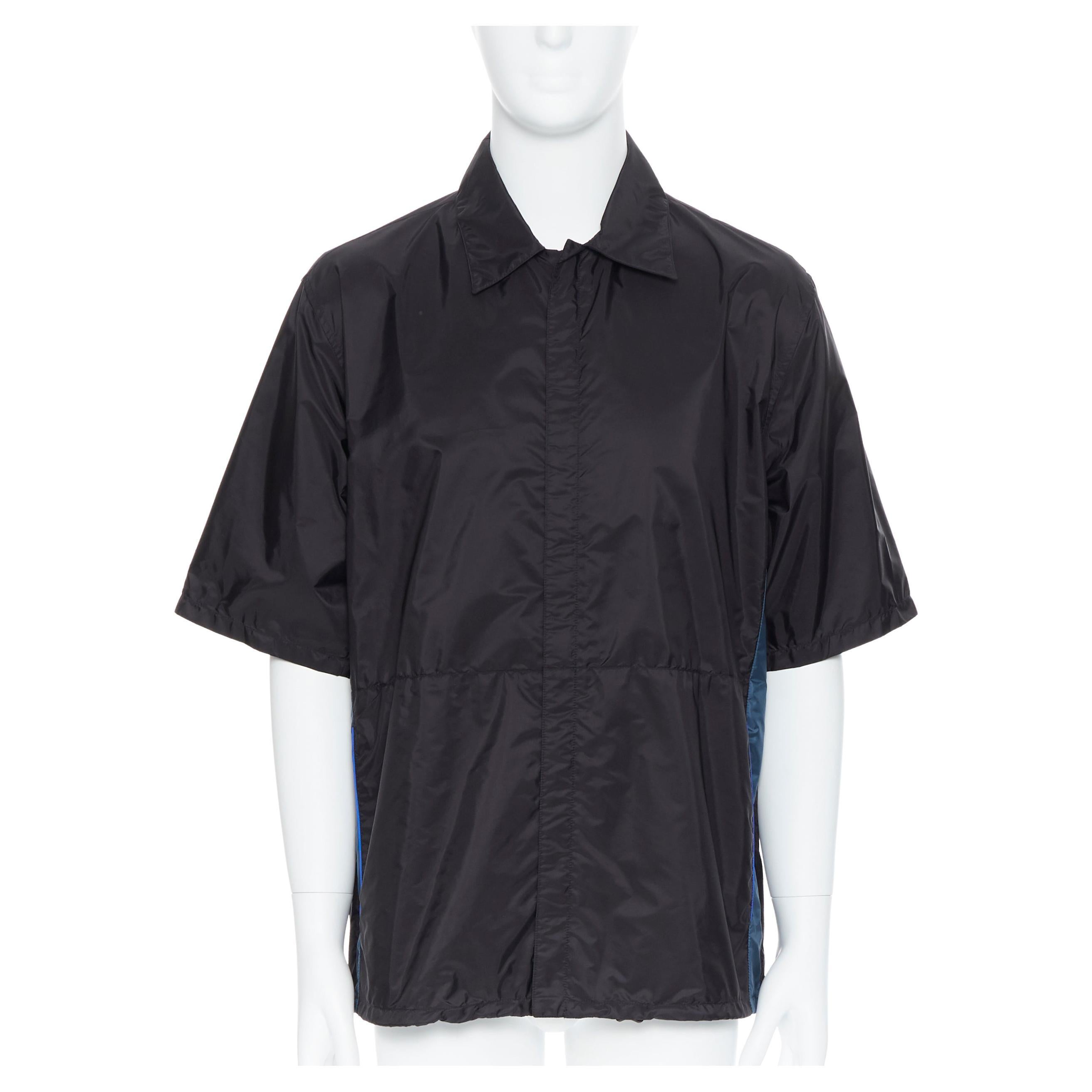 new PRADA Nylon 2018 black blue stripe piping short sleeve boxy shirt top L  For Sale at 1stDibs