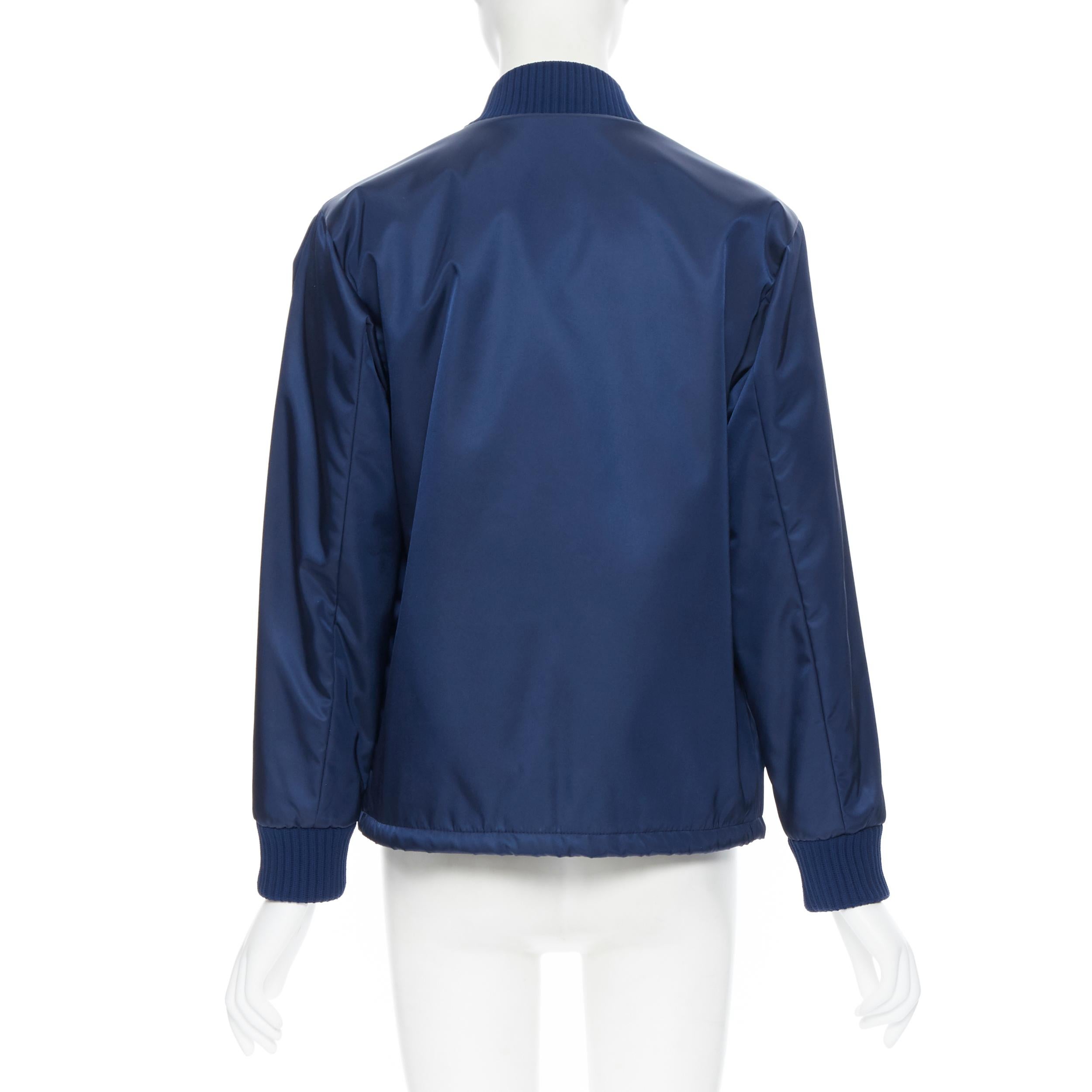 Women's new PRADA Nylon 2018 blue triangle rubber logo zip front bomber jacket IT38 XS