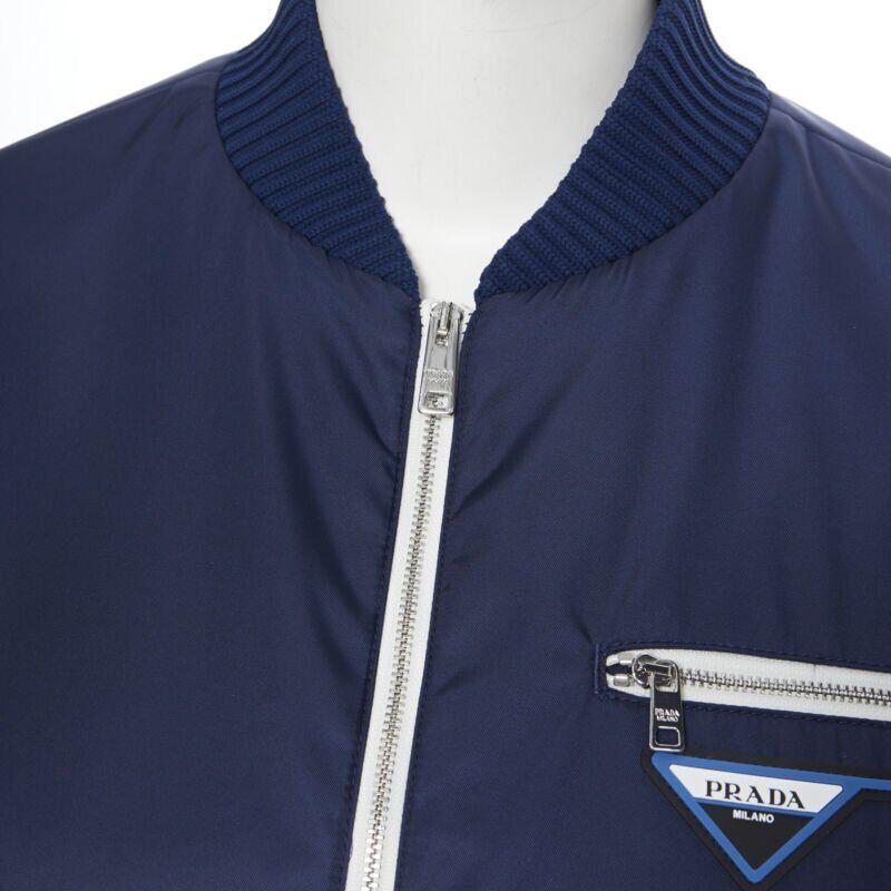 new PRADA Nylon 2018 blue triangle rubber logo zip front bomber jacket IT40 S For Sale 5
