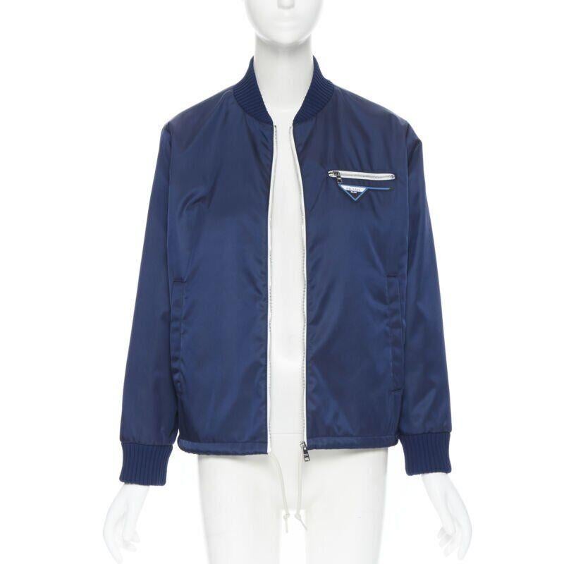 Blue new PRADA Nylon 2018 blue triangle rubber logo zip front bomber jacket IT40 S For Sale