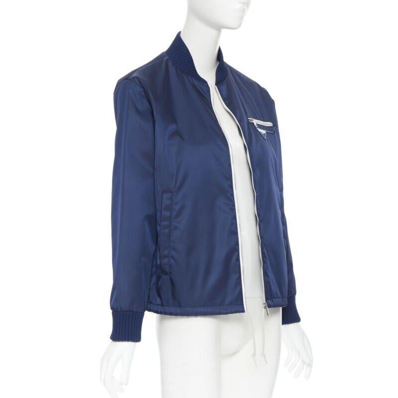 Women's new PRADA Nylon 2018 blue triangle rubber logo zip front bomber jacket IT40 S For Sale