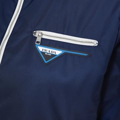 new PRADA Nylon 2018 blue triangle rubber logo zip front bomber jacket IT42 M