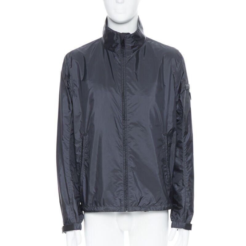 Black new PRADA Nylon 2018 navy enamel triangle rubber logo cuff zip shell jacket IT54 For Sale