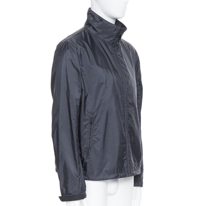 Men's new PRADA Nylon 2018 navy enamel triangle rubber logo cuff zip shell jacket IT54 For Sale
