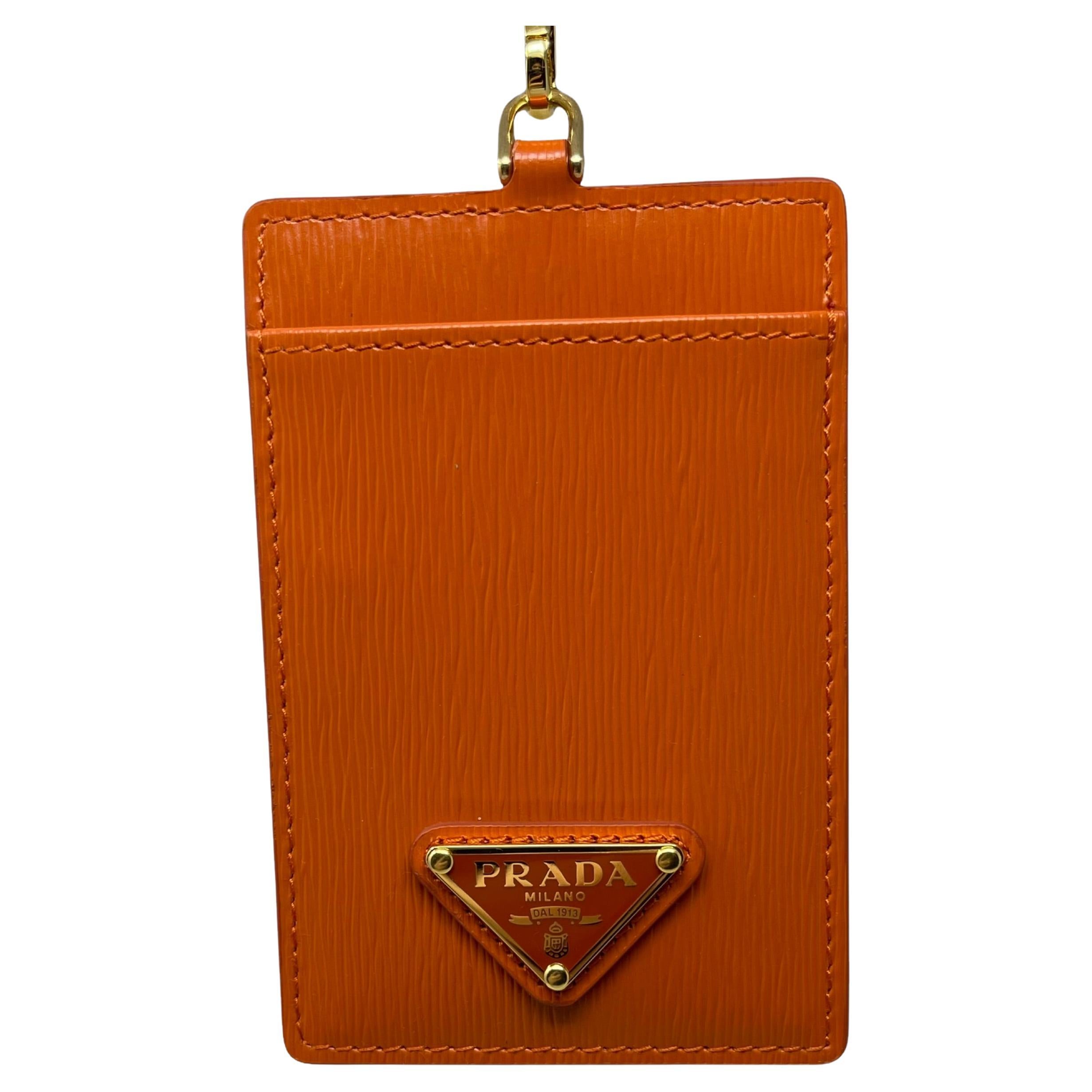 NEW Prada Orange Saffiano Leather Lanyard Wallet Card Case