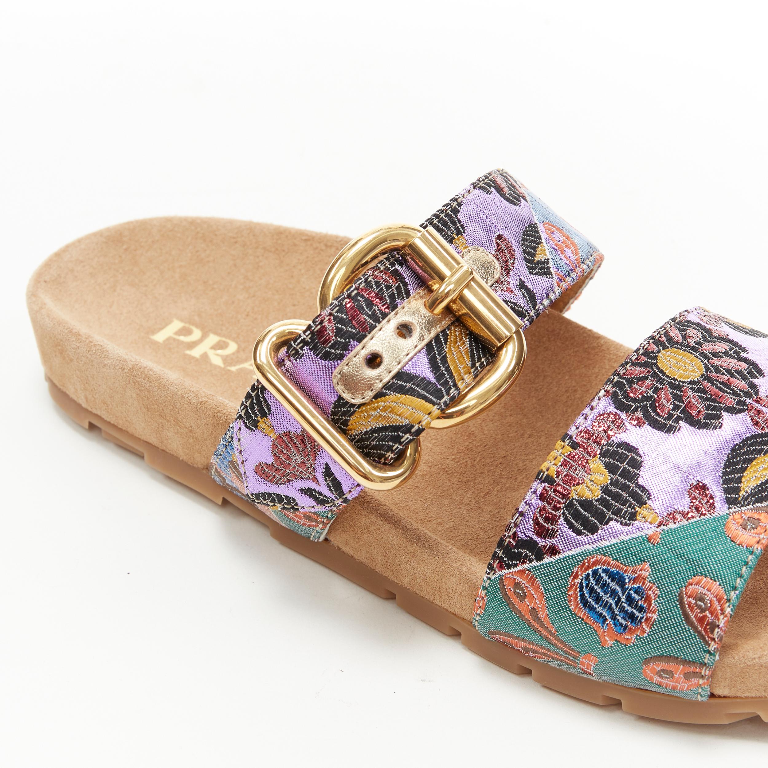 new PRADA patchwork floral jacquard gold buckle strap suede slides sandal EU36.5 3