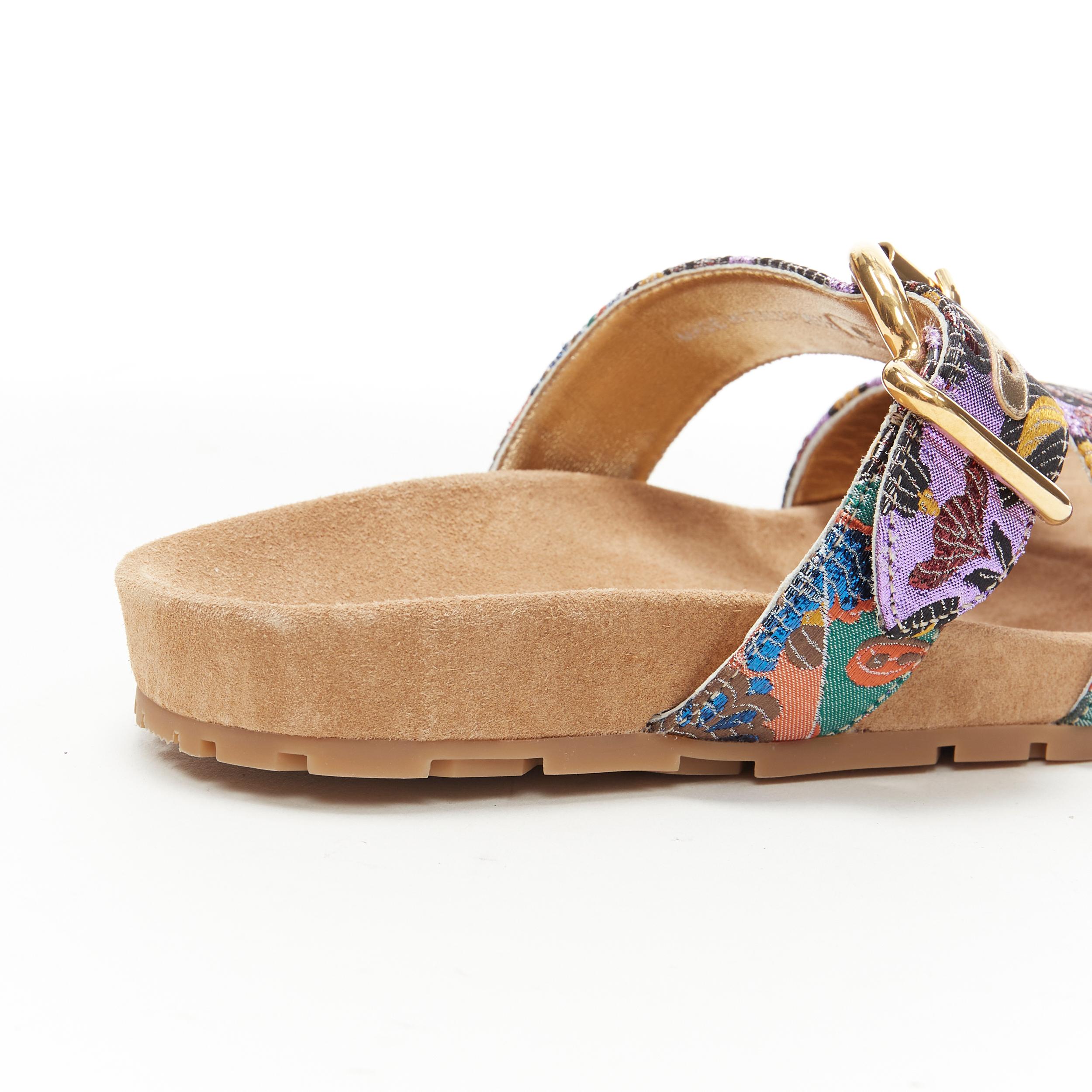 new PRADA patchwork floral jacquard gold buckle strap suede slides sandal EU38 5